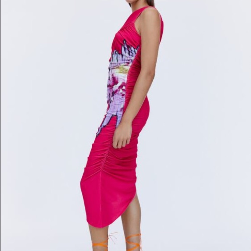 ZARA NWT SIDE FLOWER PRINT PINK DRAPED DRESS MEDIUM 8540/313